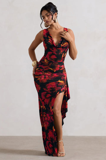 Kaida Red Floral Print Cowl-Neck Ruffled Split Maxi Dress